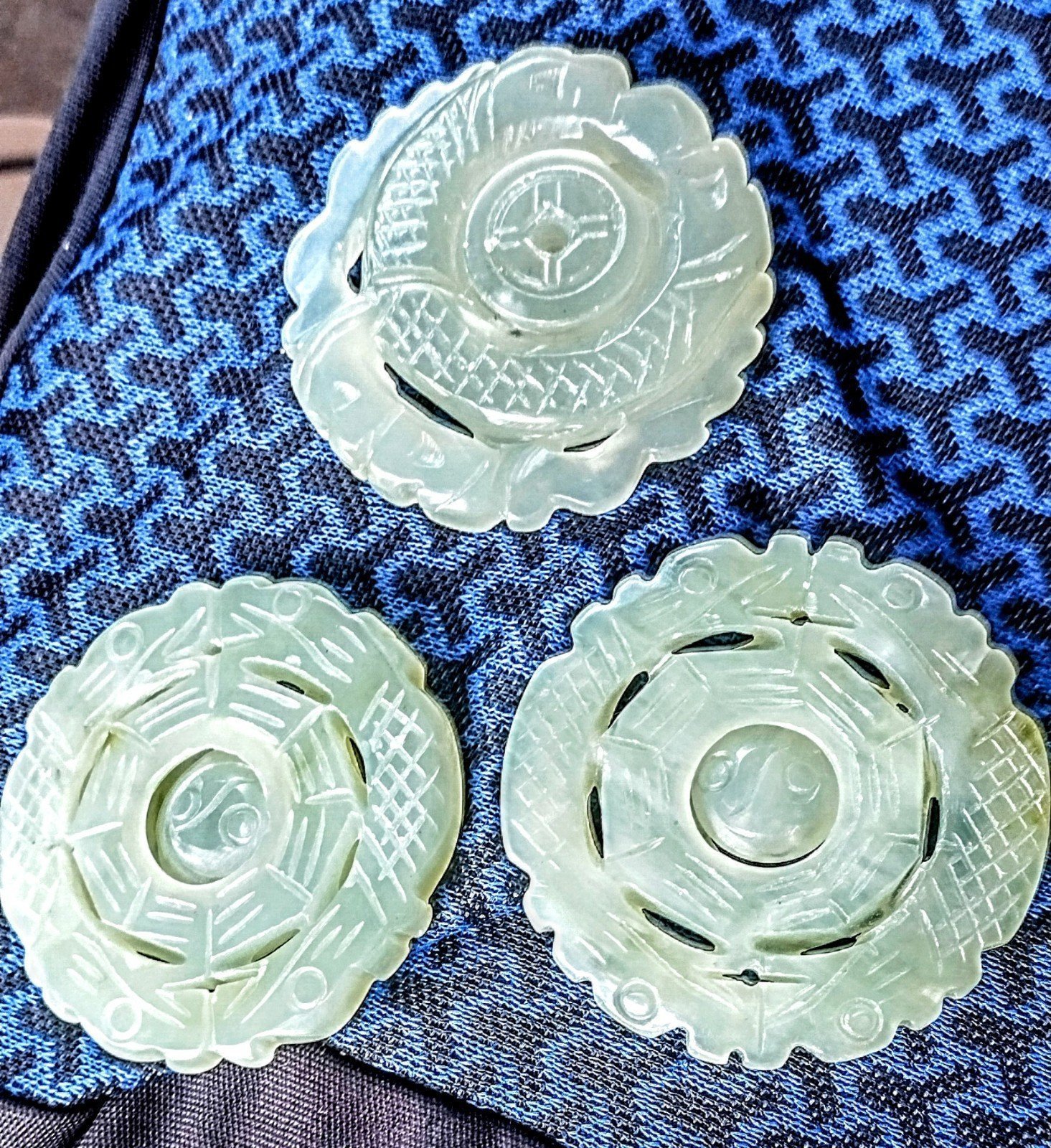 *3*- VINTAGE HAND CARVED CHINESE CELADON JADE DISCS