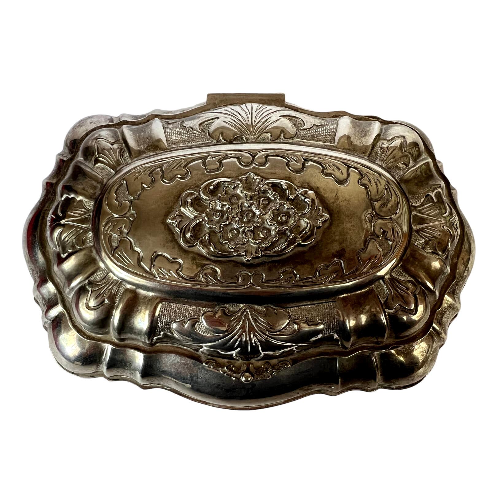 Vintage Silver Plate Embossed Ornate Decorative Trinket Box Hinged Lid Footed
