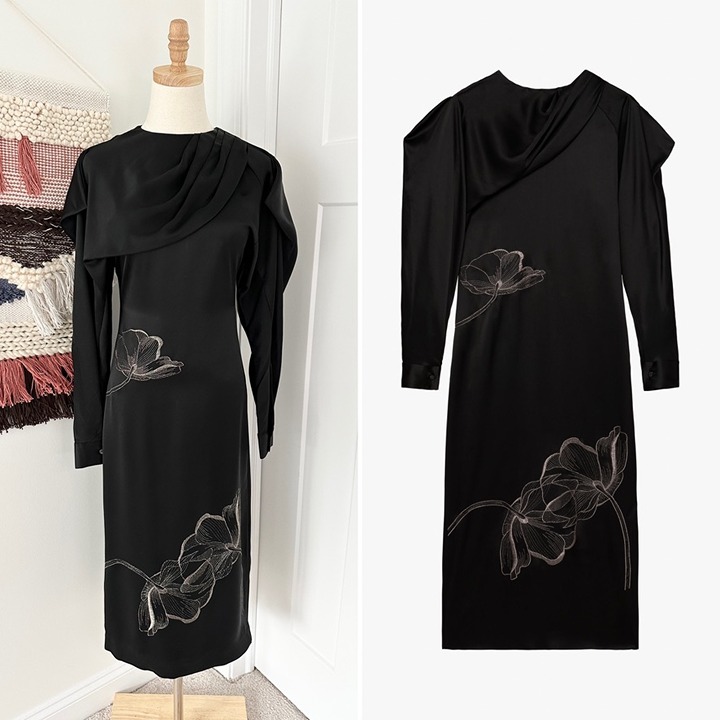 NWT ZARA Limited Edition Long Sleeve Draped Embroidered Midi Cocktail Dress XS