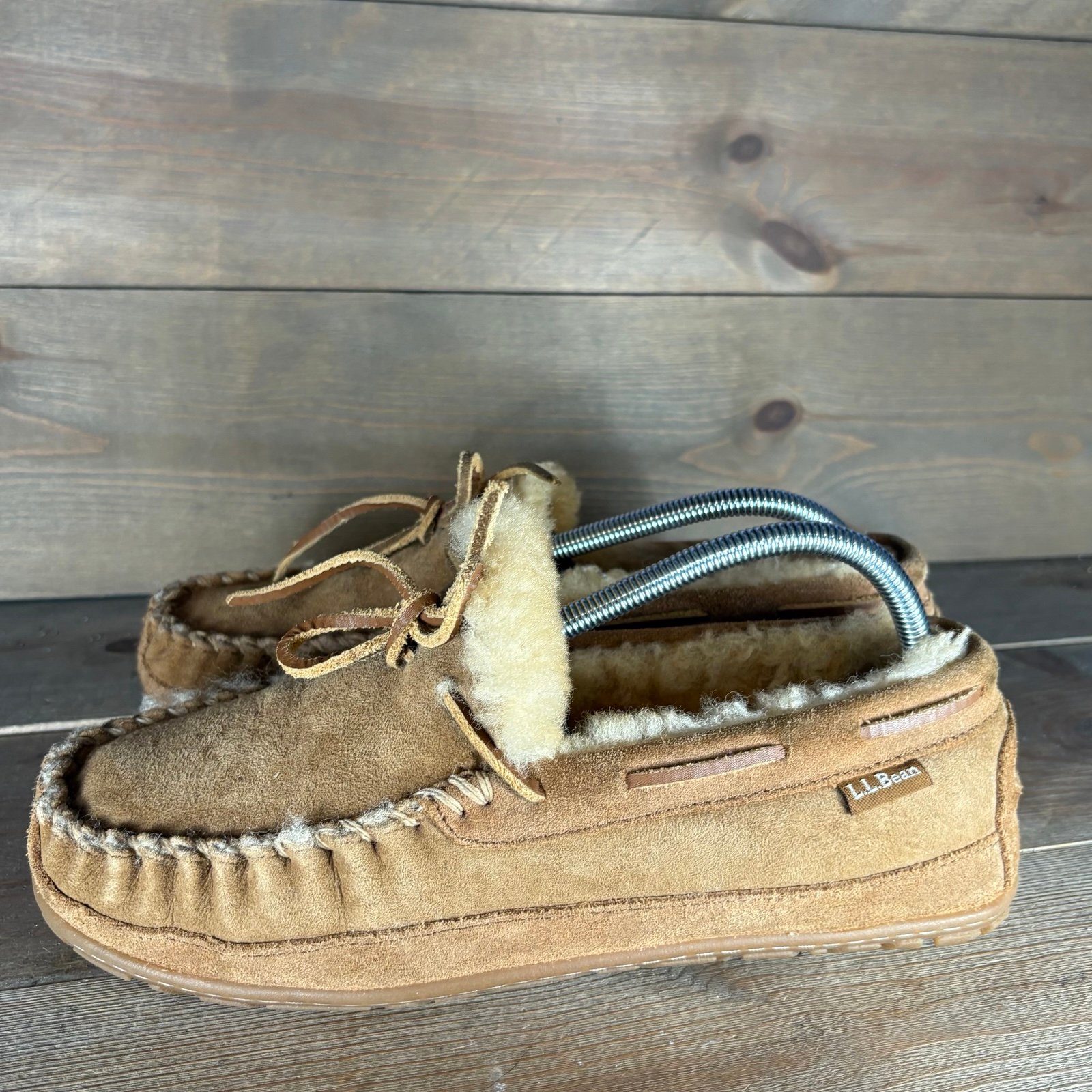 ll bean wicked mens size 8 shoes brown suede shearling lined comfort slippers  P
