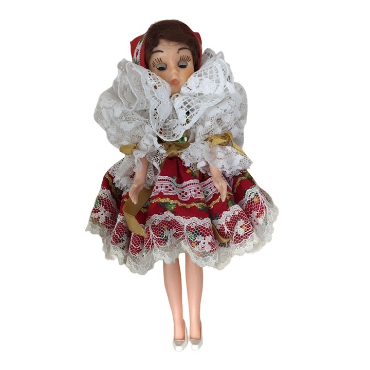 Collectible Brunette/Blue Eyed Doll Wearing Patterned Dress- Head, arms and eyes