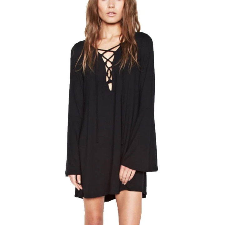 MICHAEL LAUREN JIMI LACE UP BELL SLEEVE DRESS - SIZE SMALL BLACK NWT