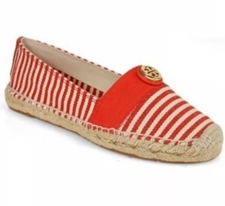 Tory Burch Flat Shoes Women 9 Striped Canvas Orange Espadrille Beacher
