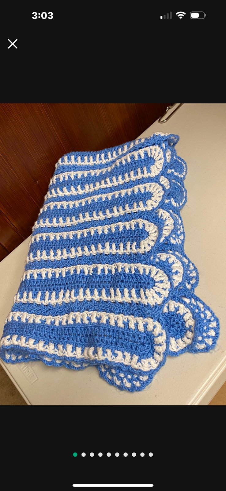 Blue and White stripes hand knit crochet throw blanket 56 x 48”