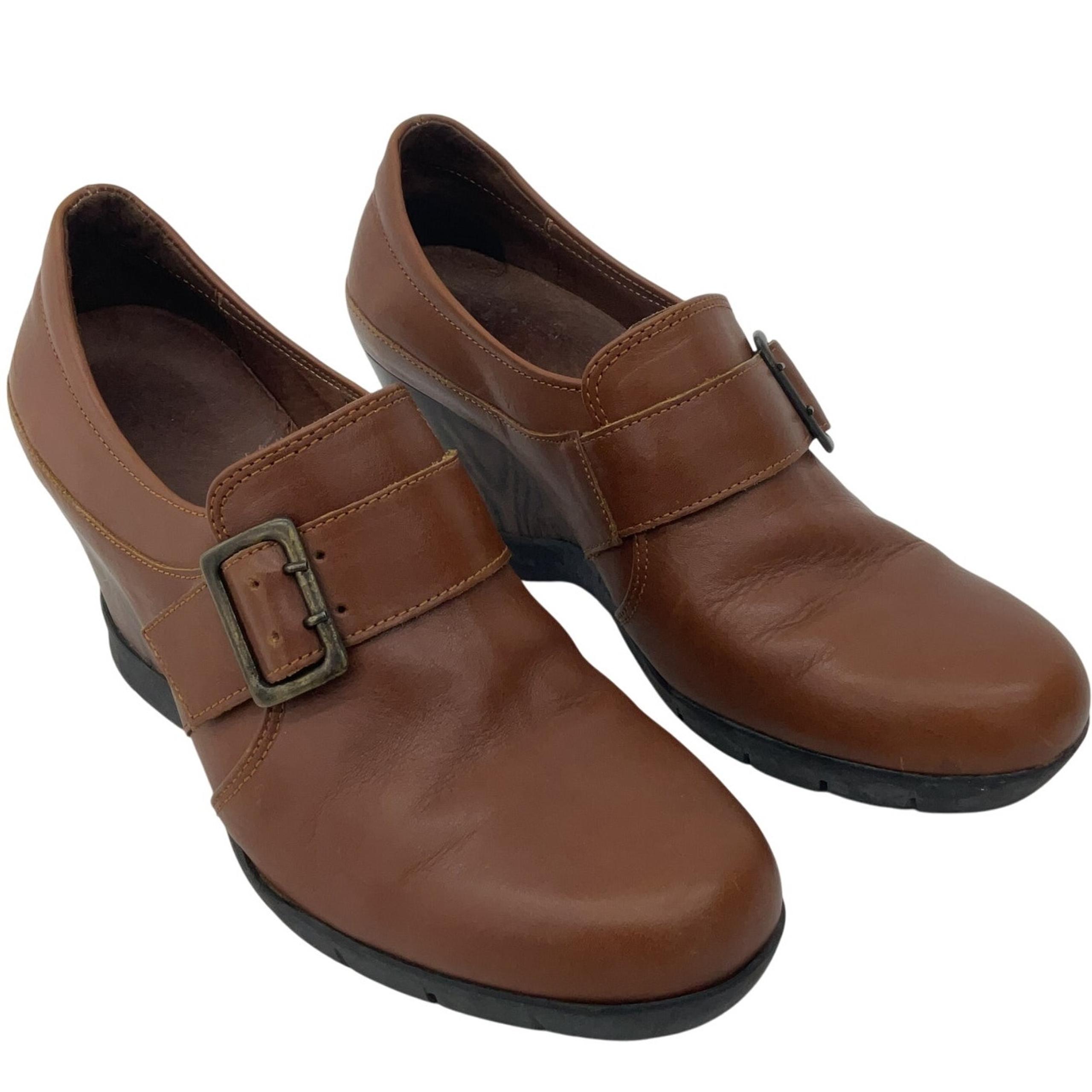 Sanita Brown Leather Wedge Slip-On Loafers Shoes Women’s Size 7 Preowned