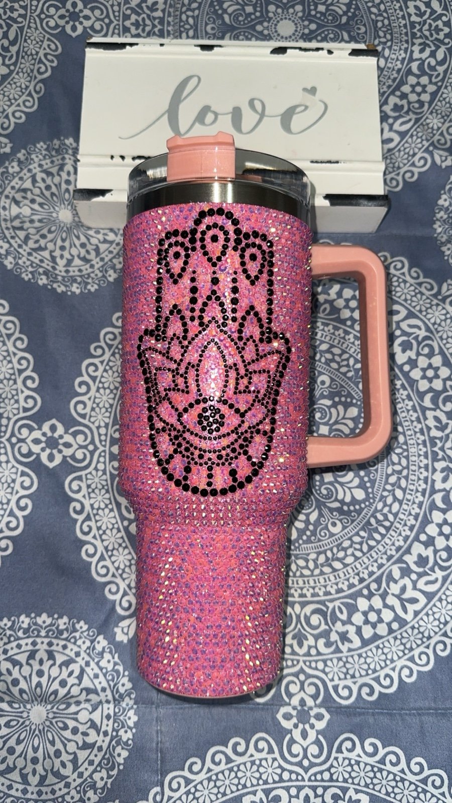 Pink Eye Rhinestone Hamsa Hand Eye Tumbler