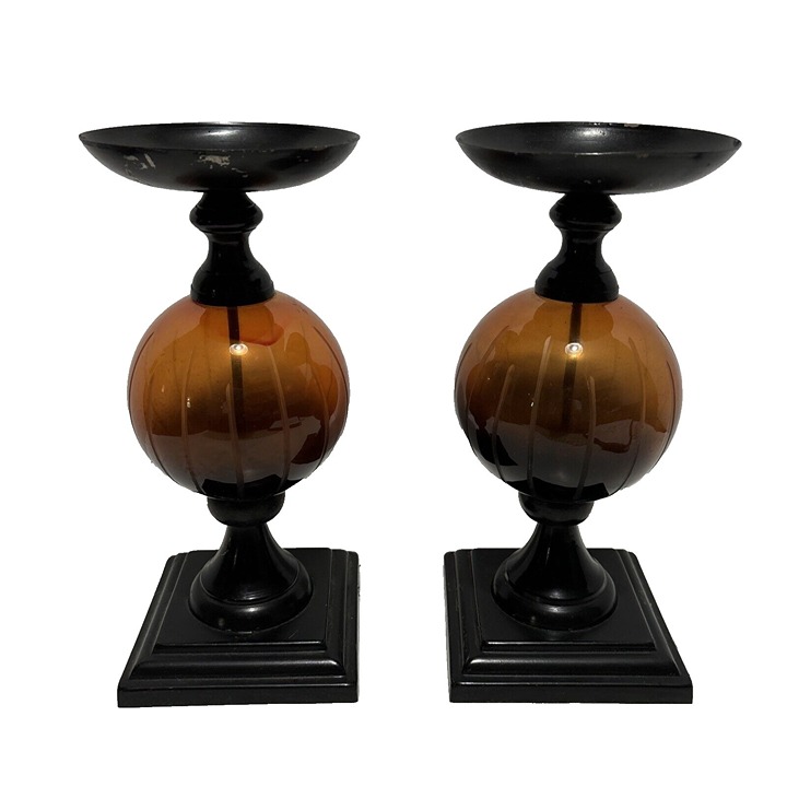 Vintage Amber Glass Large Candle Holders Black Metal 2 Piece Made in India 11