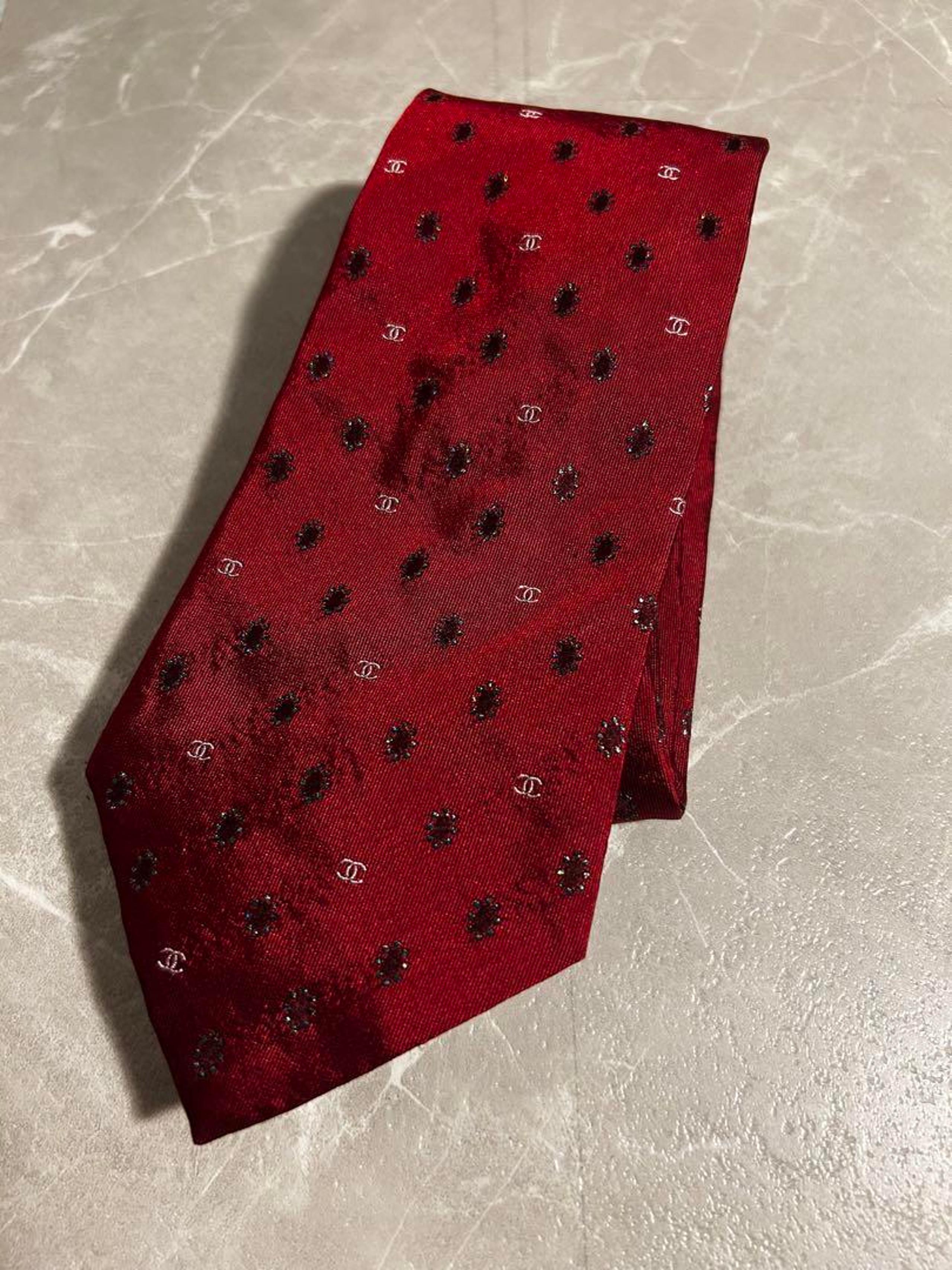 CHANEL Silk Red Tie Logo Pattern