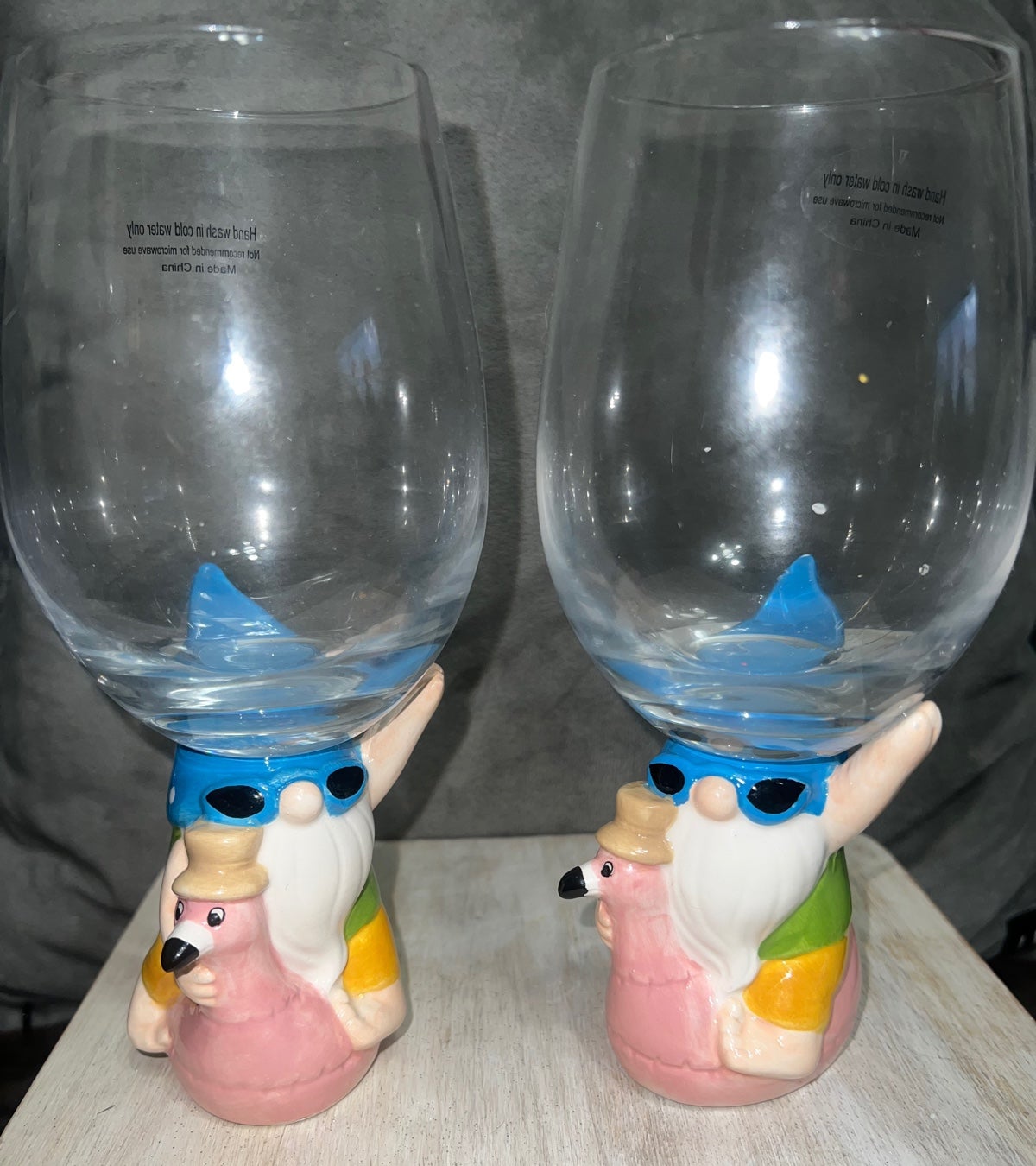 set of 2 Summer Ceramic Coastal Gnome flamingo Wine Glasses New