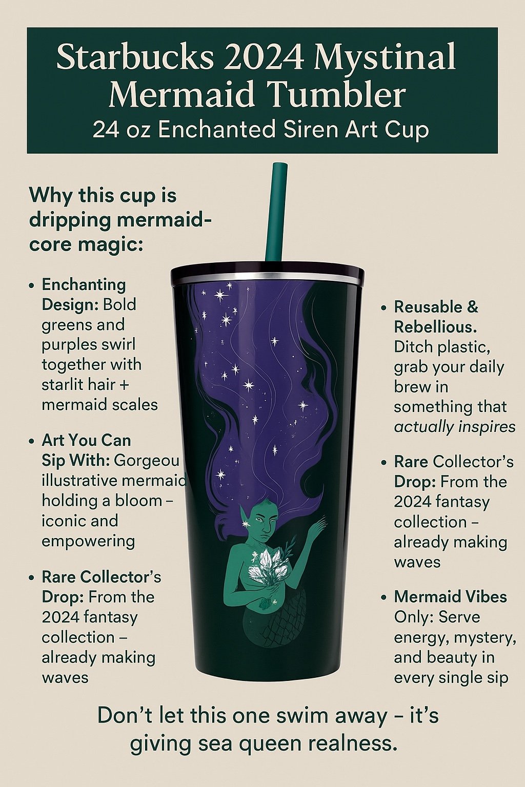 Starbucks 2024 Mystical Mermaid Tumbler – 24 oz Enchanted Siren Art Cup