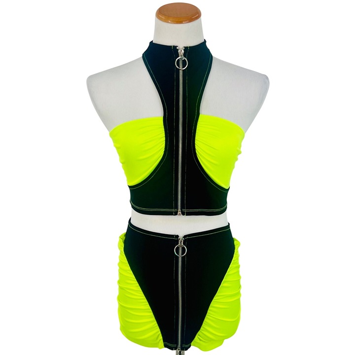 Dolls Kill x Club Exx Neon Reflective Crop Top & Ruched Mini Skirt 2 Piece Set
