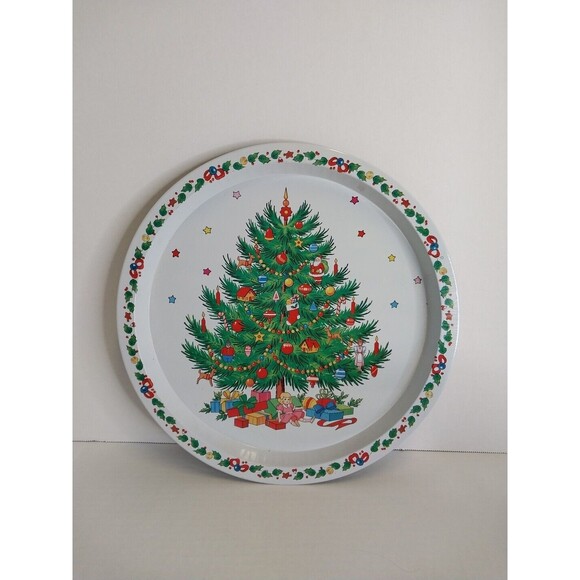 Vintage The Ullman Co. Holiday Christmas Tree Round Metal Serving Tray 13”