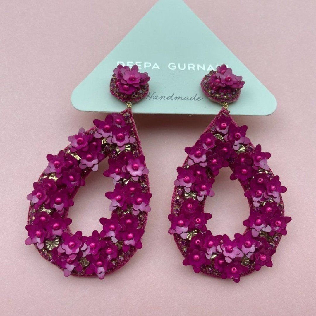 NWT Deepa Gurnani Anthropolgie Beaded Crystal Flower Statement Earrings Pink