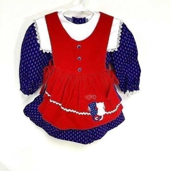 Renee Michaels Girls Red & Blue Vintage Overlay Lace Trim Mini Dress 2T
