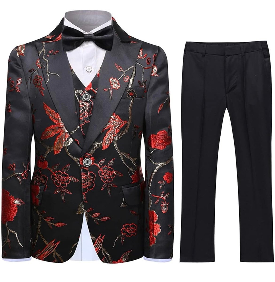 Boys Suits 3 Piece Gold Paisley Floral Suit Set Slim Fit Tuxedo Embroidery Suit