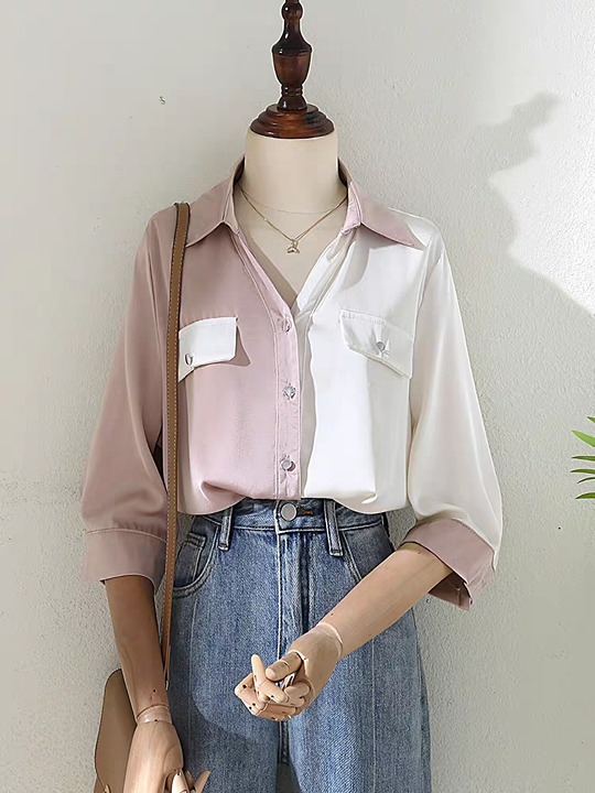 Contrasting satin double-pocket shirt with seven-point sleeve V-neck top