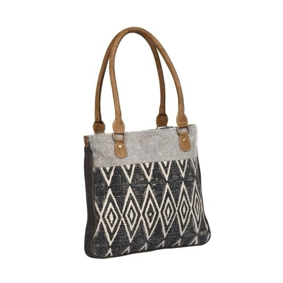 Myra Bag Traffic Cone Handbag Tote Canvas, Leather & Calf hair 12”x13”