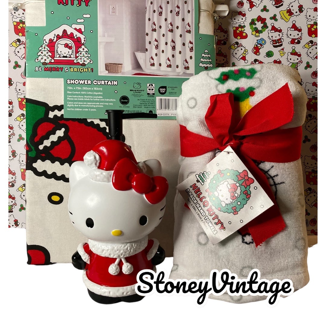 Hello kitty Christmas Shower Curtain, dispenser and hand towel set