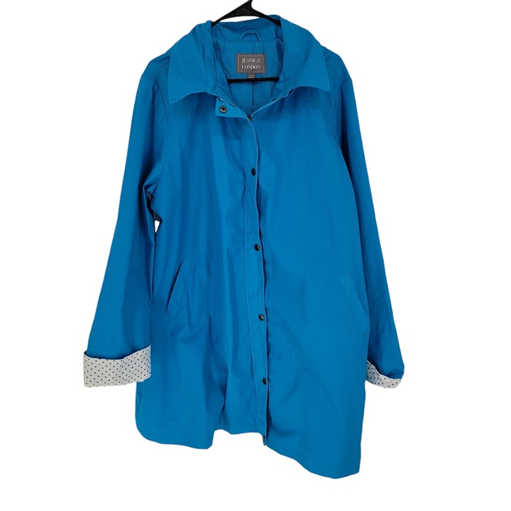 Jessica London Outerwear 22w blue hooded rain coat polka dot contract cuffs