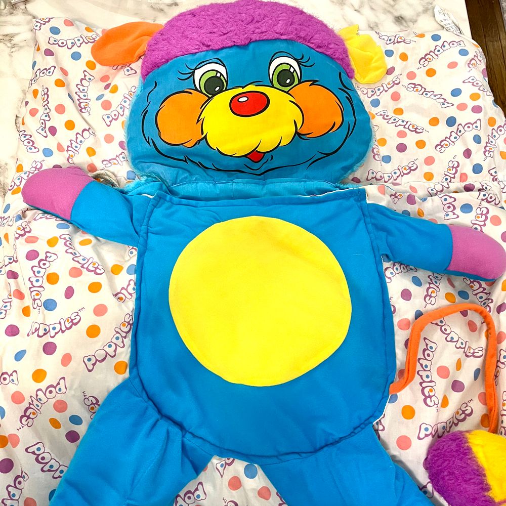 Vintage Popples Plush Sleeping Bag Toy Blue Character Stuffed Animal Retro 80s