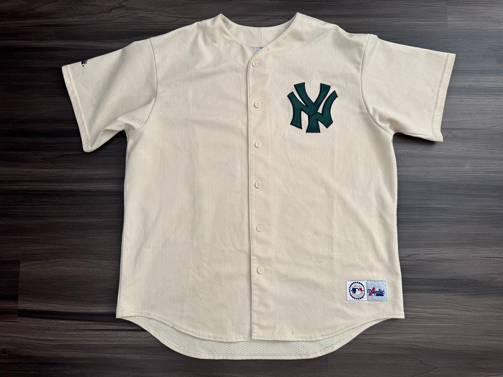 Rare Vintage New York Yankees Cream Jersey Green Patched Logo Men’s Size 2XL