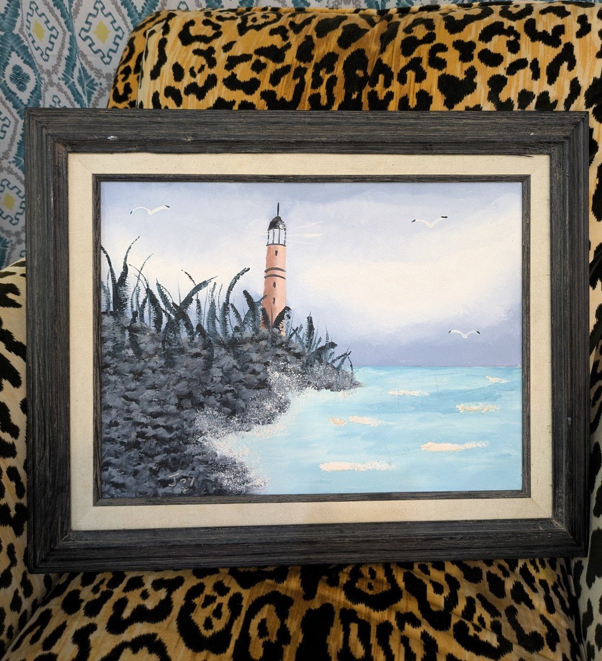 Vintage Original 16 X 20 Framed Coastal Lighthouse Painting On Canvas