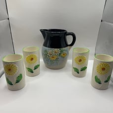 Vintage hand painted pitcher with 4 juice cups