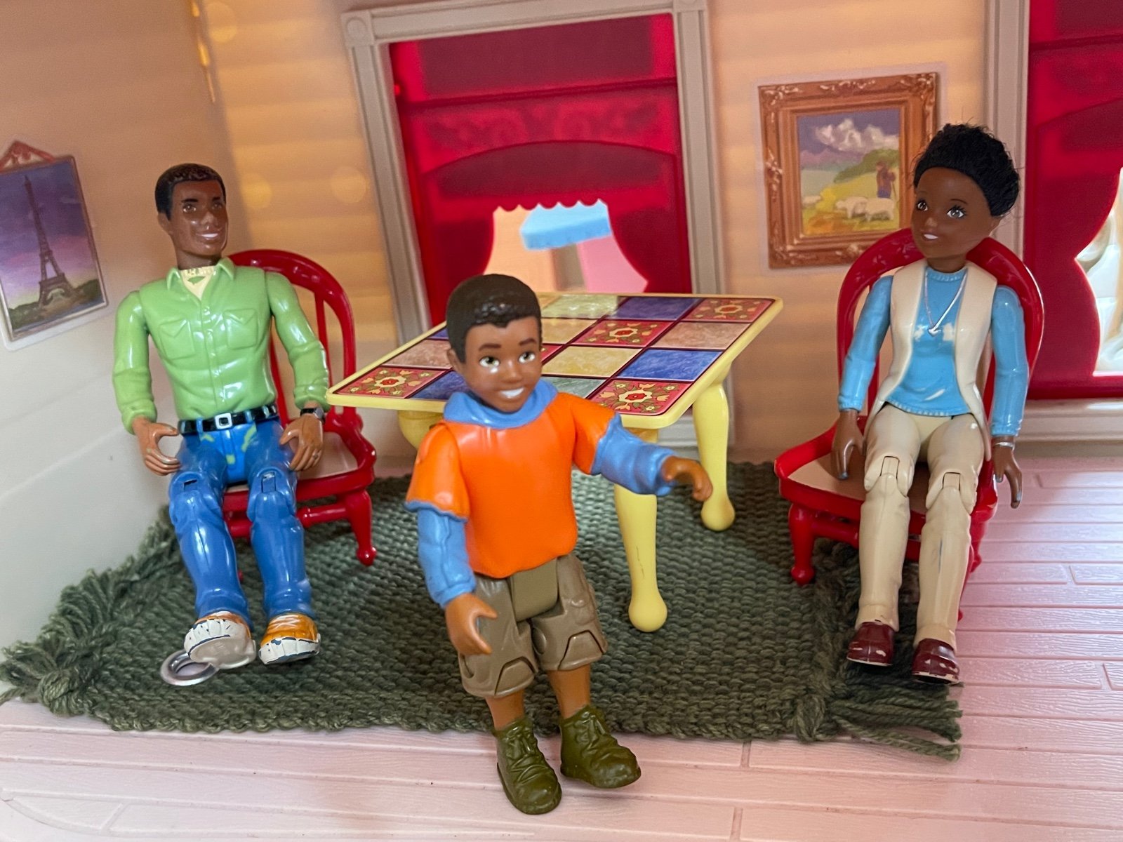 African American FAMILY teen boy & mom dad table chairs dining set rug