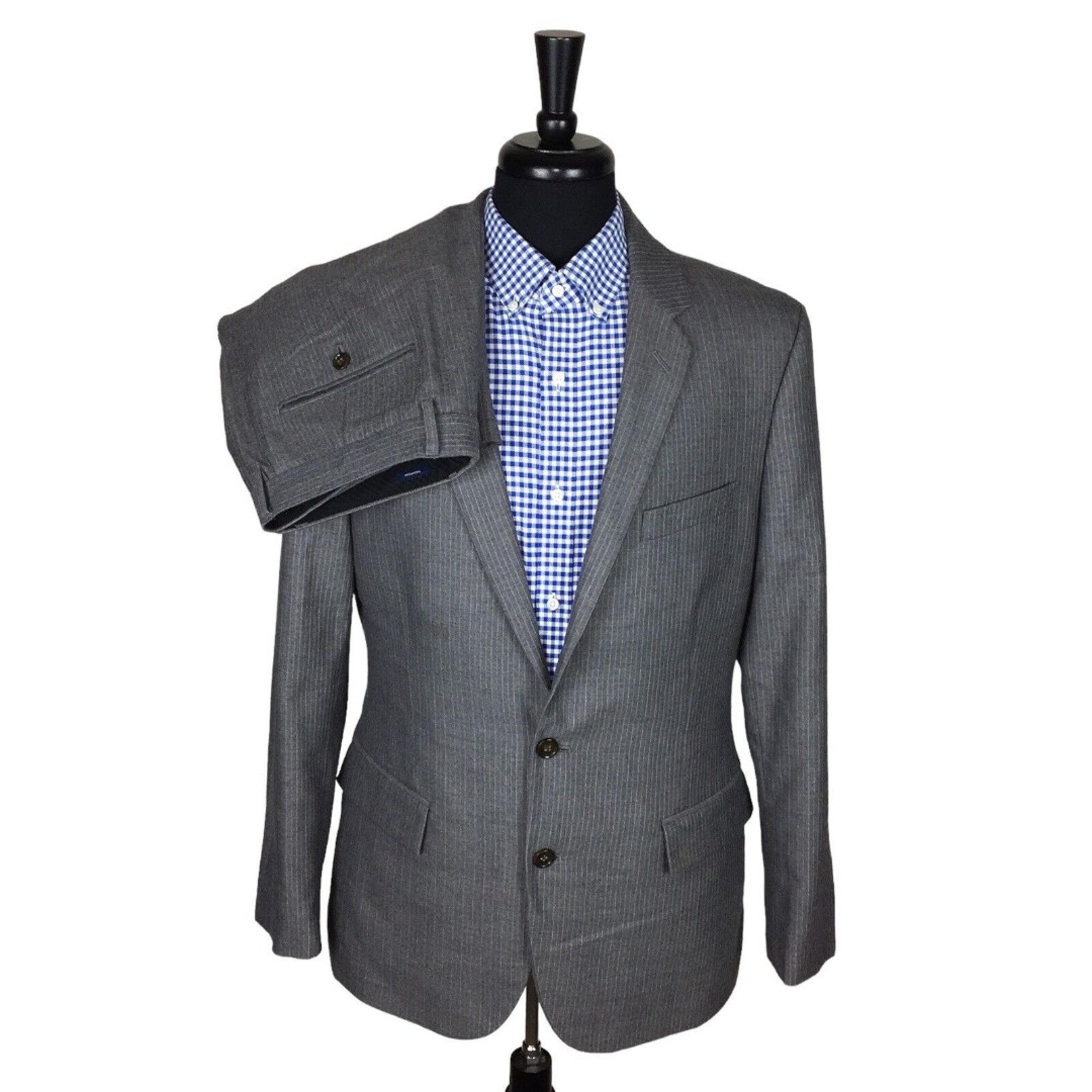 J. Crew Thompson Mens 42R Gray Stripe Wool Blend Two Piece Suit Flat Pant 33x29