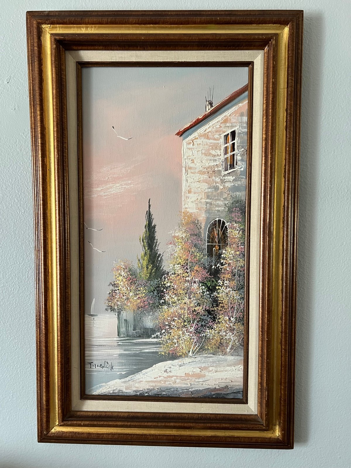 Vtg Oceanside Villa Pastel Floral Oil Painting On Canvas Signed Wood Frame