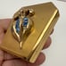 Vintage Golden Blue Rhinestone Stylized Fleur-de-lis Mirror Powder Compact