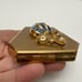 Vintage Golden Blue Rhinestone Stylized Fleur-de-lis Mirror Powder Compact