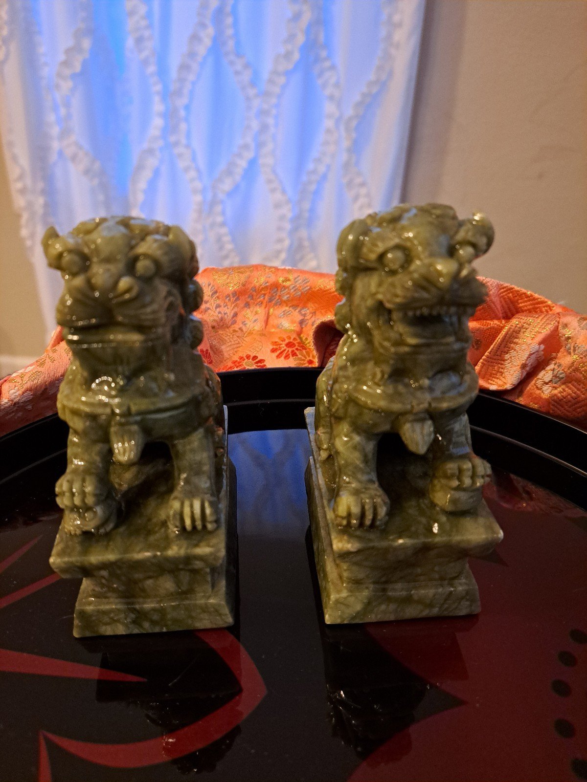 Antique Jade Foo Dog Lions 4.25” Figures/Statue/Seal/Bookends/Religious