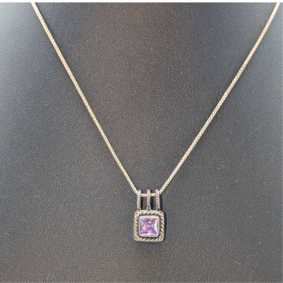 VTG Lori Bonn 925 Sterling Silver Purple Stone Pendant Box Chain 16 Necklace