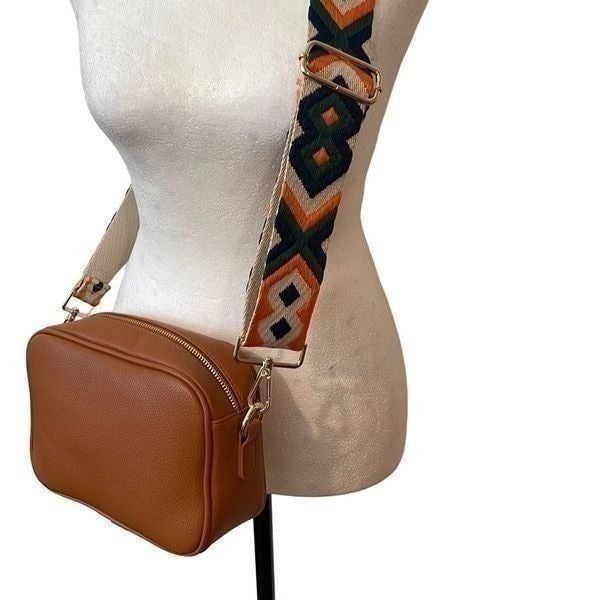 AHDORNED Crossbody Bag w/strap. Vegan leather. Camel colored