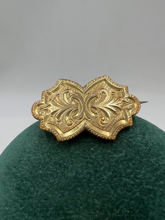Antique Late 1800's Victorian Era 1 H x 1.5 W Gold-Filled Raised Filigree Brooch