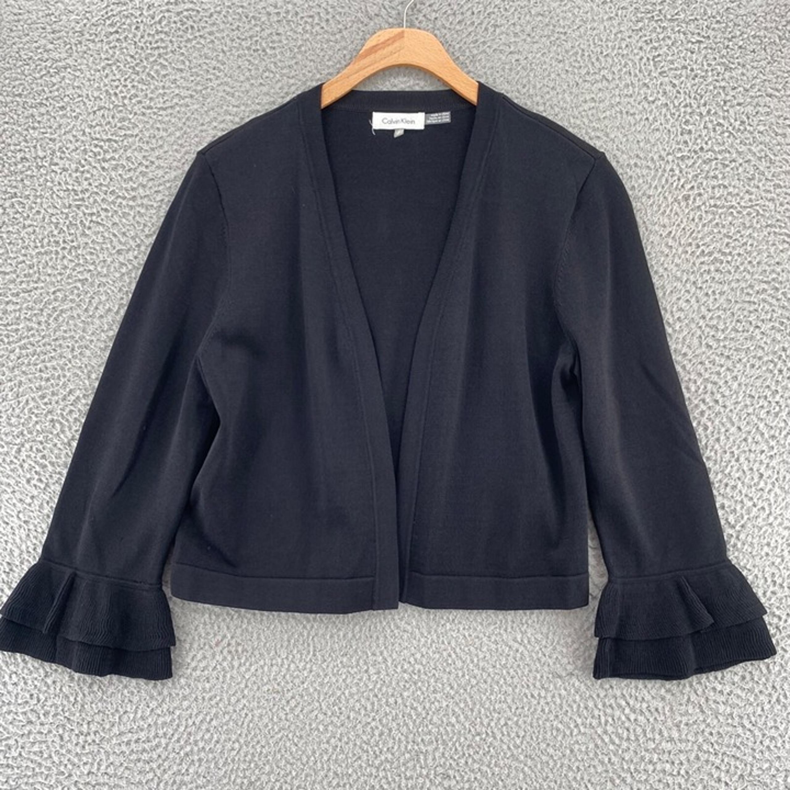 Calvin Klein Sweater Womens Medium Black Shrug 3/4 Tiered Bell Sleeve Cropped