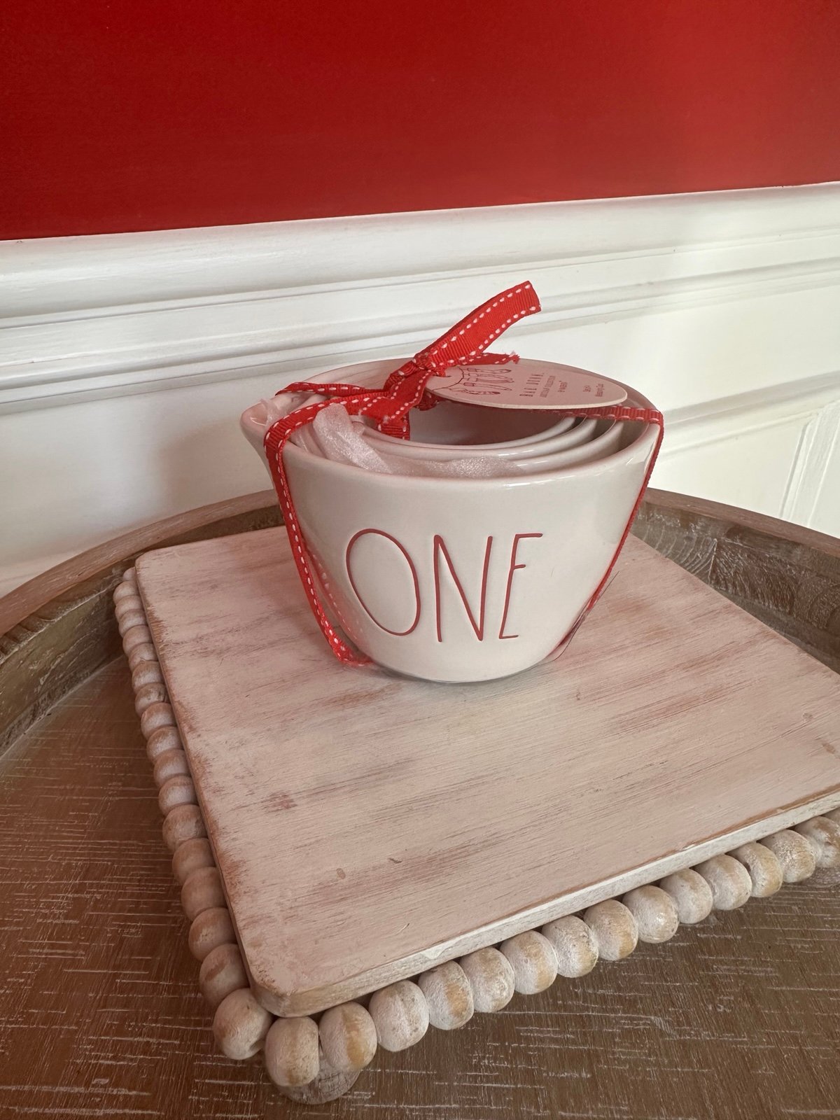 Rae Dunn white with red writing measuring cups