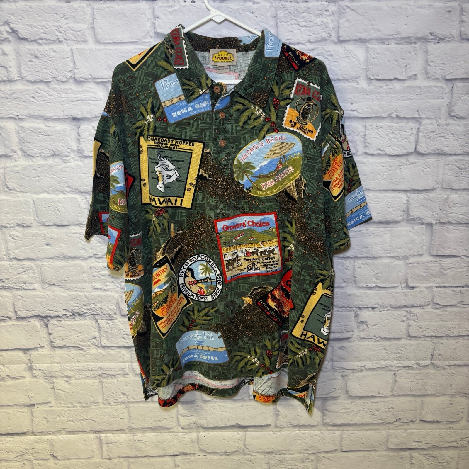 Vintage Reyn Spooner Shirt Mens Size Large Kona Coffee Print Aloha 100% Cotton
