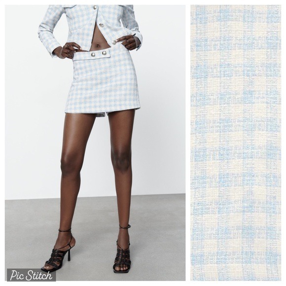 NWT. Zara Blue/Cream Textured Gingham Bermuda Shorts/Skort. Size L.