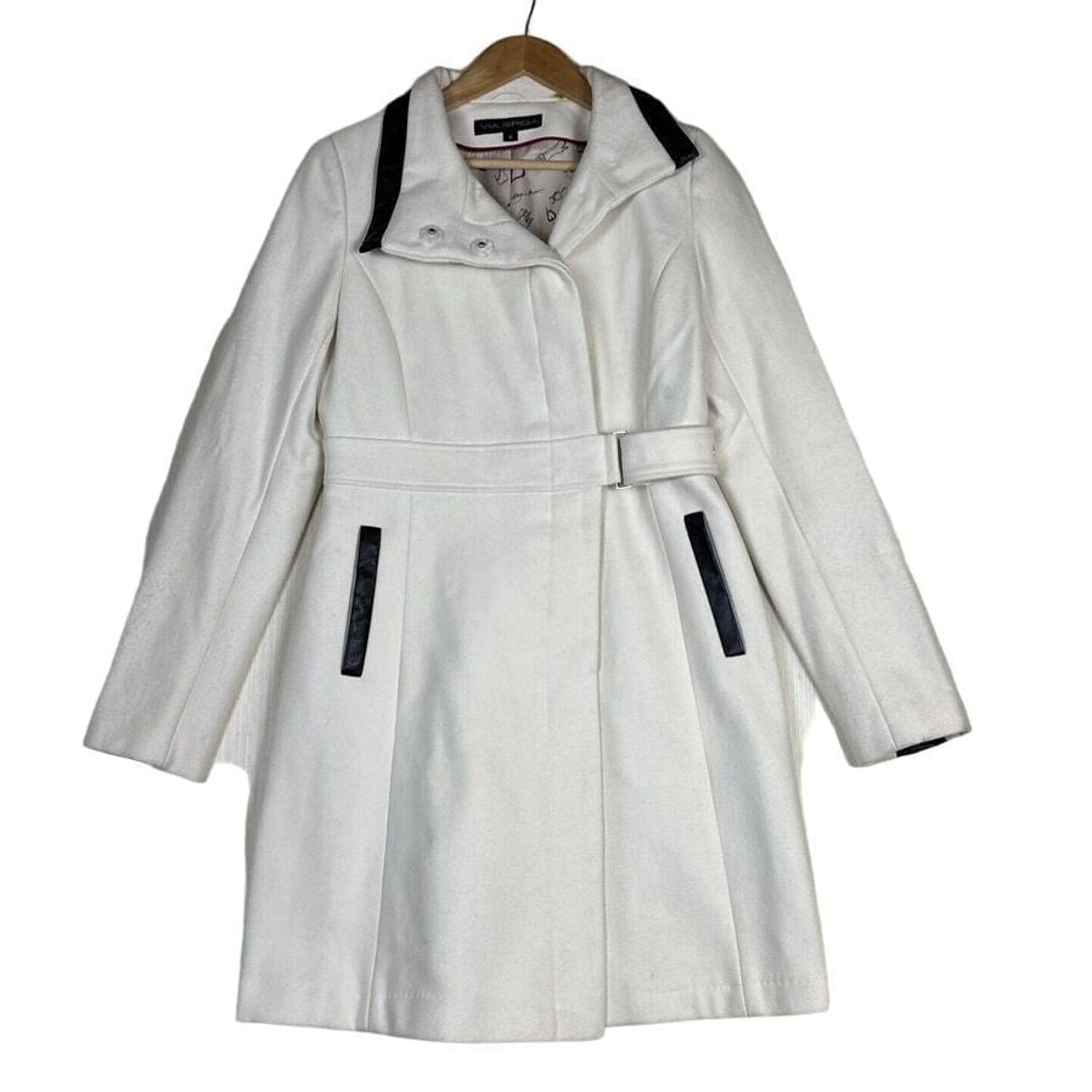 Via Spiga Womens Wool Peacoat Coat Sz 6 Cream Black Trim Mid Length Ivory
