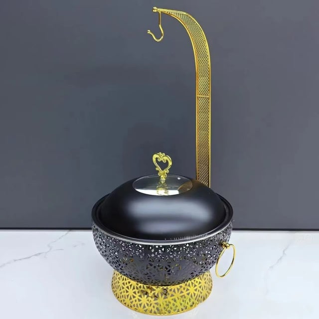 Exquisite 8 Quart Round Black & Gold Chafing Dish with Lid and Stand: Elegant