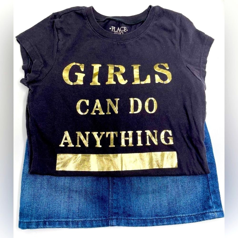 “Girls Can Do Anything” 2-piece LOT l PLACE Top l Baby Gap Jean mini-skirt l 5T