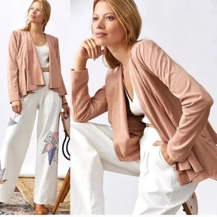 Hutch Anthropologie Draped Faux Suede Waterfall Jacket Women's Large Tan Pink