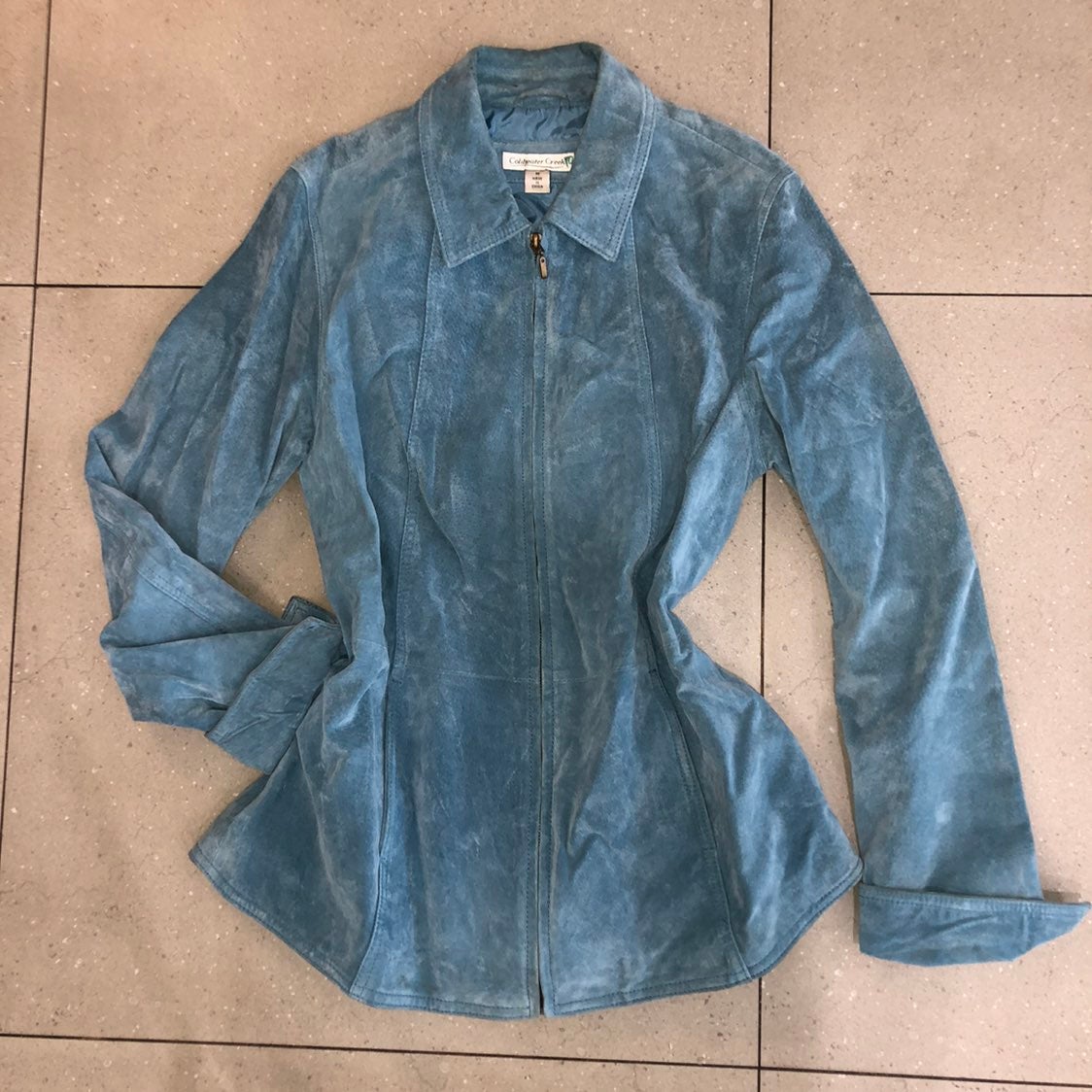 beautiful blue 100% leather zip up jacket