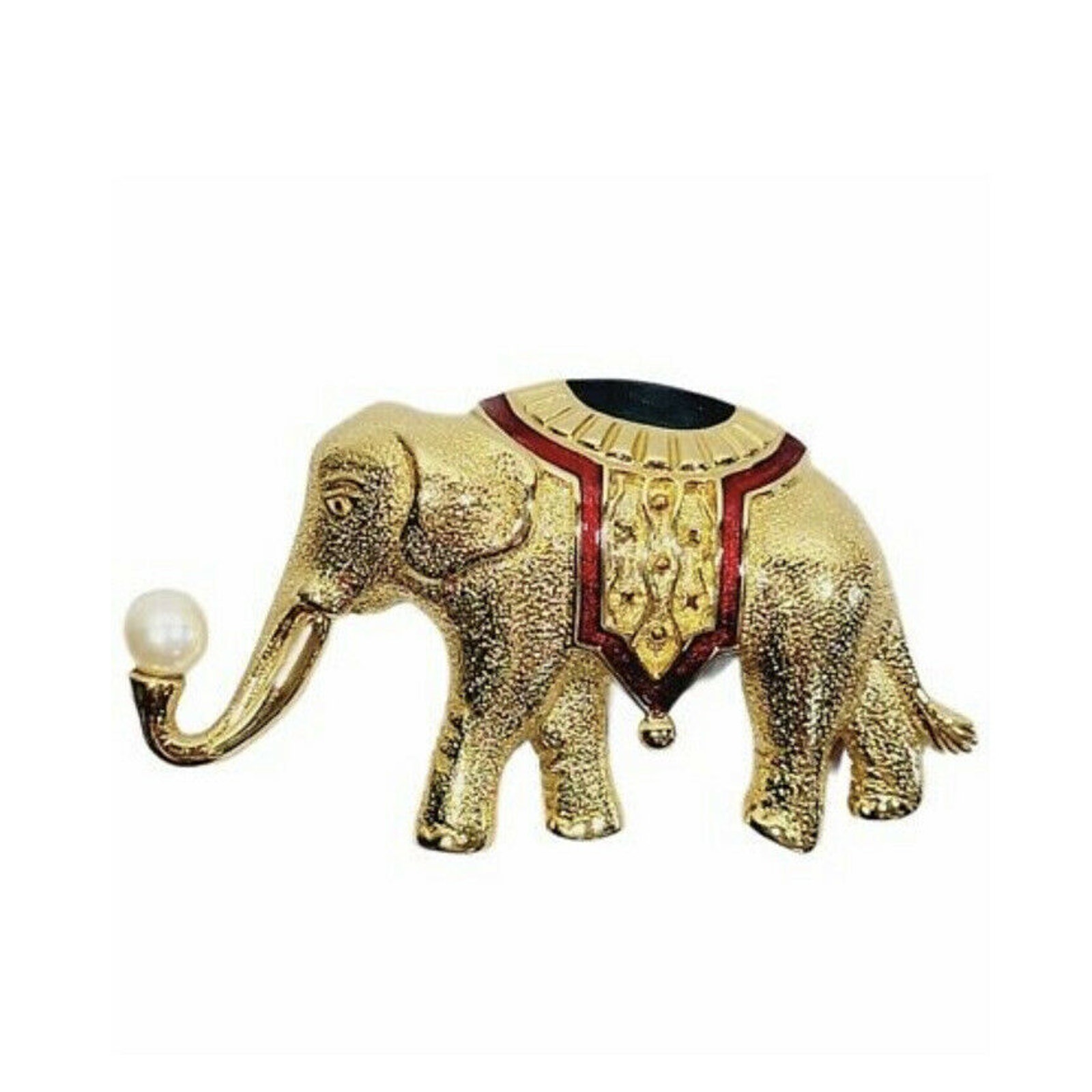 Monet 1980s Gold tone Plate, Enamel and Faux Pearl Vintage Elephant Brooch