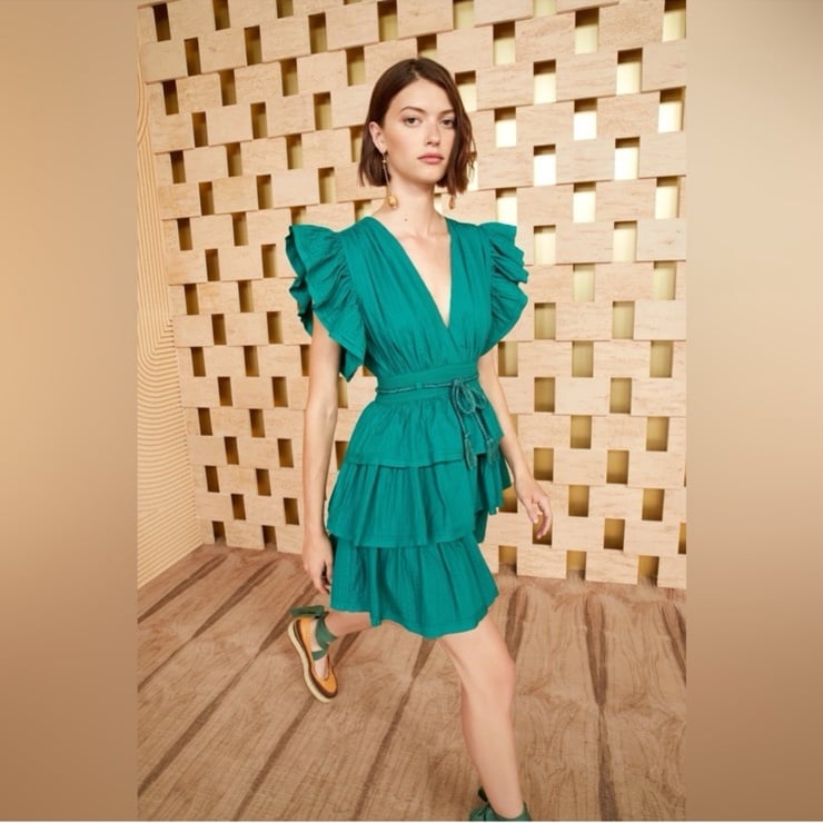 NEW ULLA JOHNSON Camilla Tiered Mini Dress in Verdigris