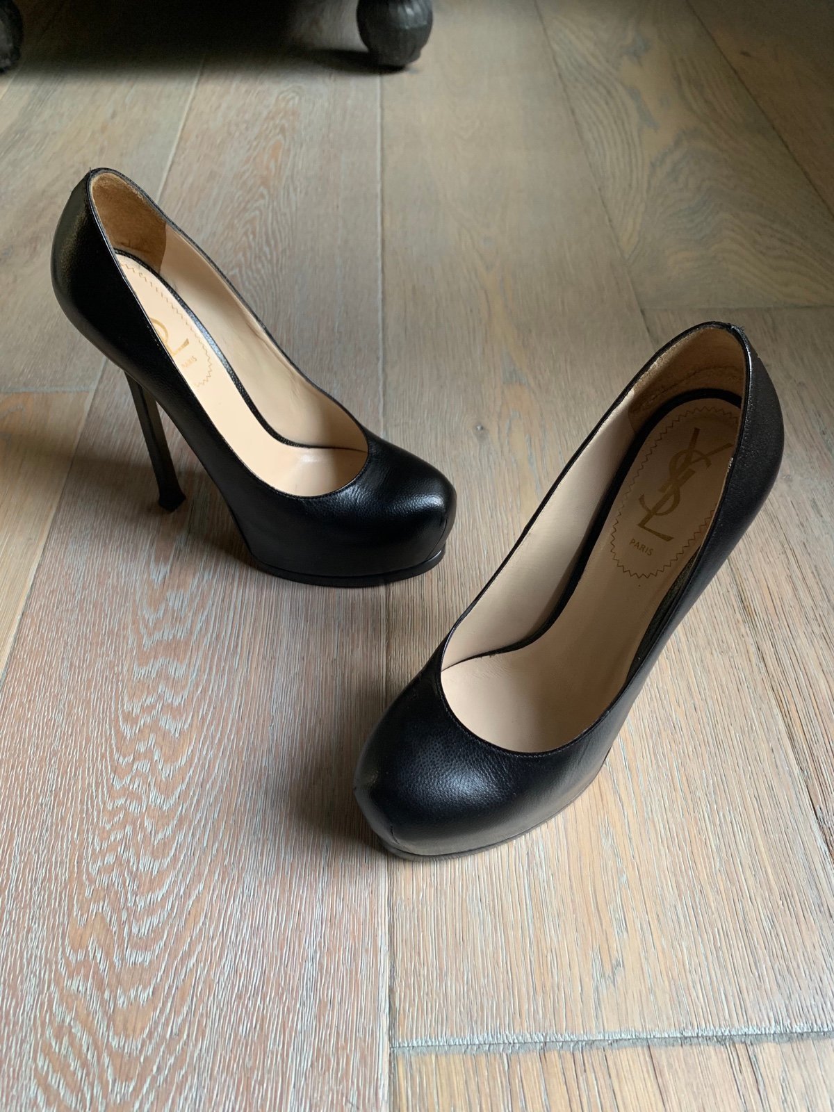 YSL YVES SAINT LAURENT TRIBTOO 105 BLACK GRAINED LEATHER PLATFORM PUMP SHOE 36.5