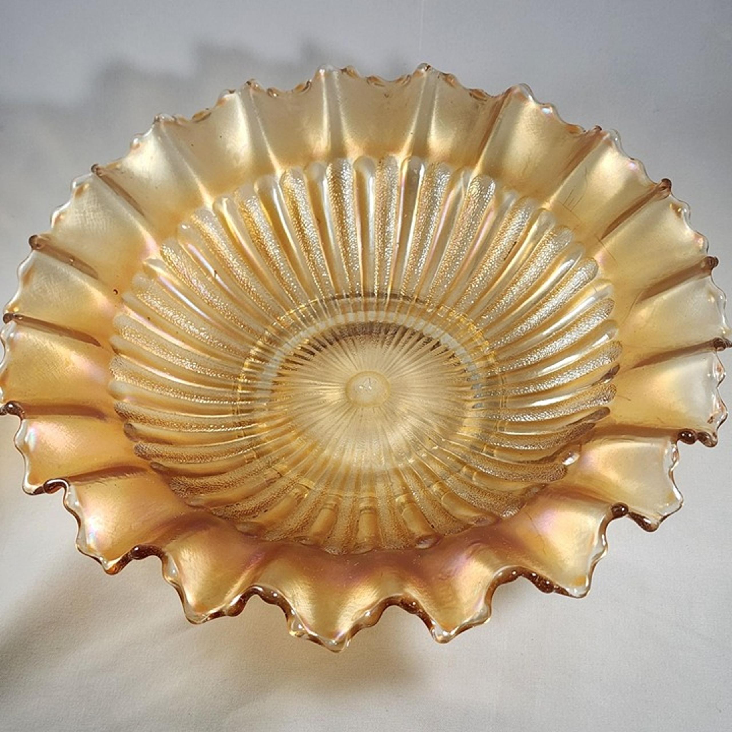 Vtg Northwood Carnival Glass Bowl Opalescent Orange Peach Ruffled Ribbed Pattern