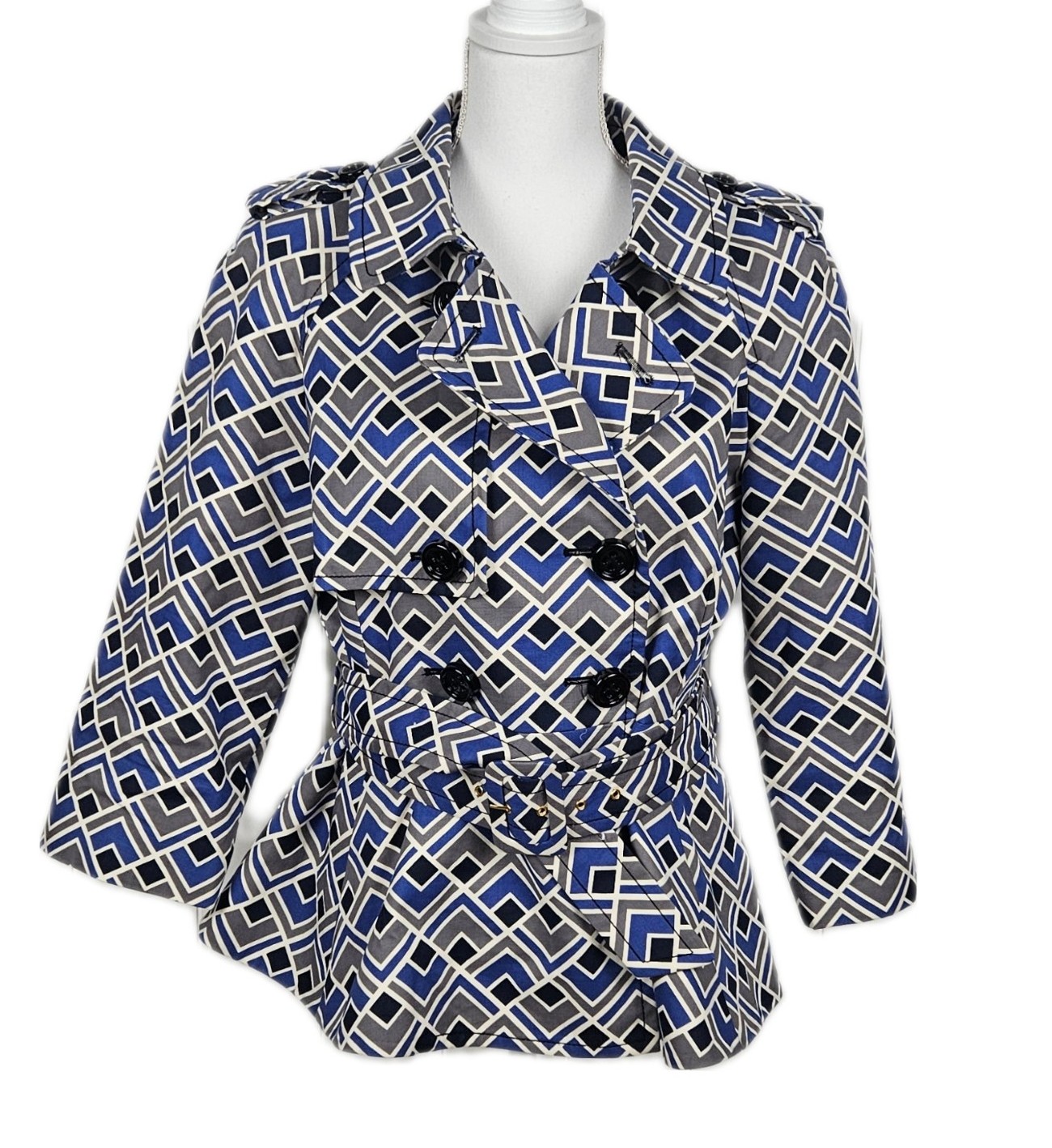 Size 10 Kate Spade Spade Lettie Trench Blue/Gray/Black Geometric Jacket Belted